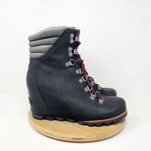 Sorel Boots Womens 7 Conquest Wedge Black Lace Up Hiker Alpine Lug Shoe - Picture 8 of 14